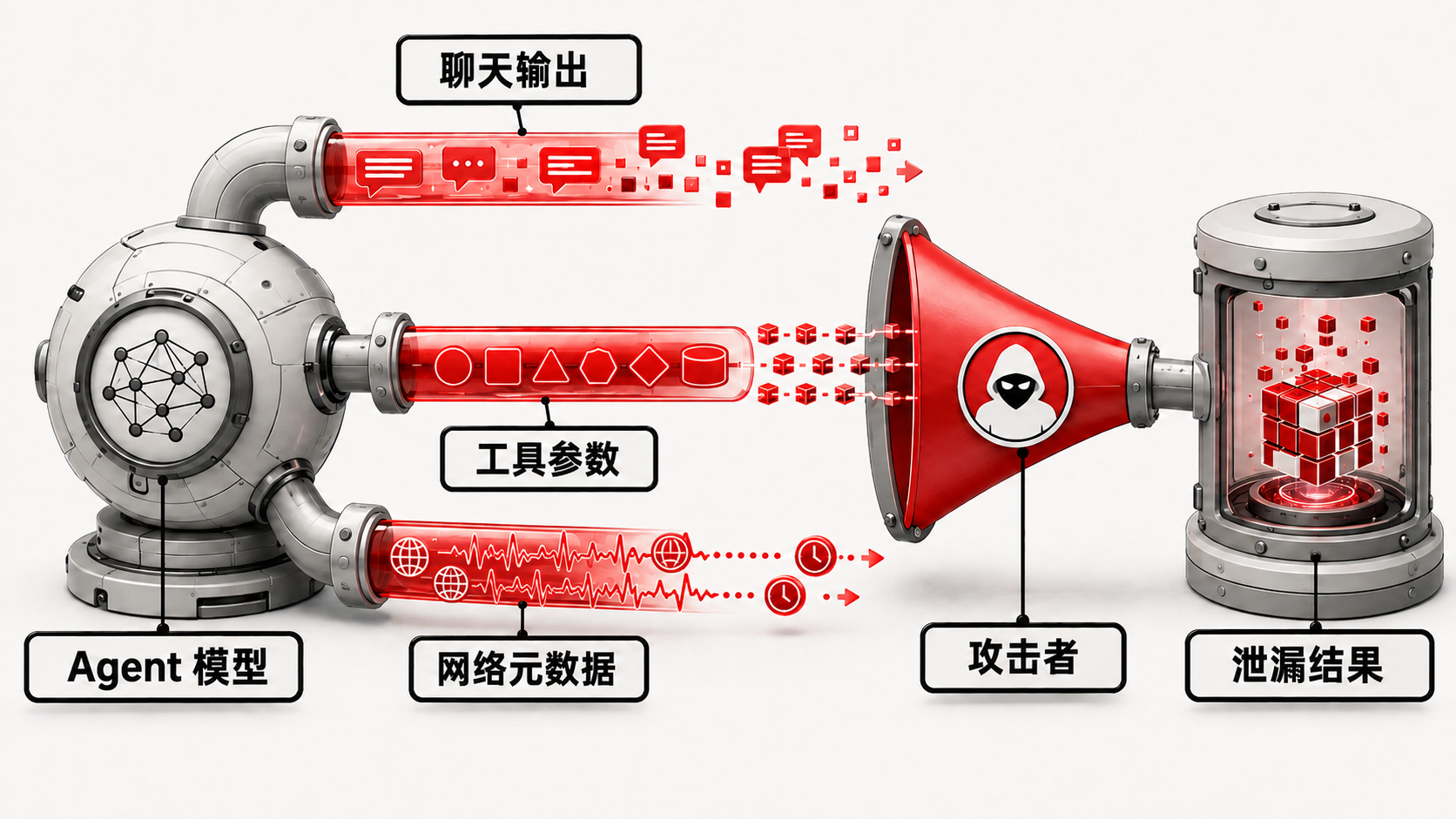 点击查看高清原图 流程图:Agent 的多通道泄漏路径。除聊天输出外,结构化工具参数以及域名和时序等网络元数据也可能被攻击者汇聚并用于信息复原。
